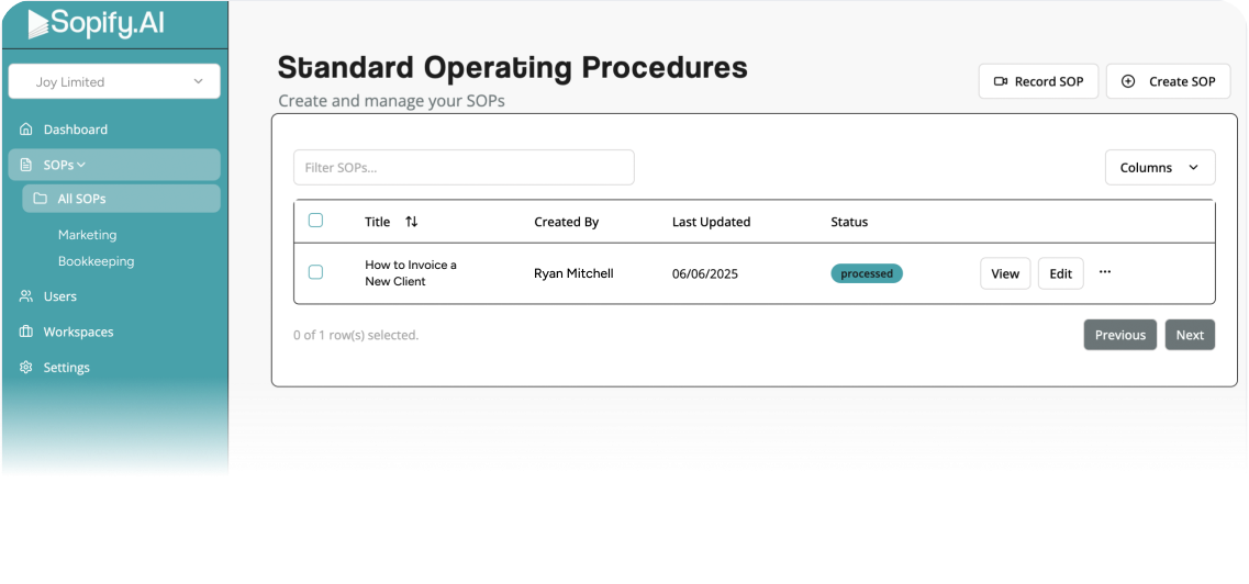 AI SOP generator dashboard interface
